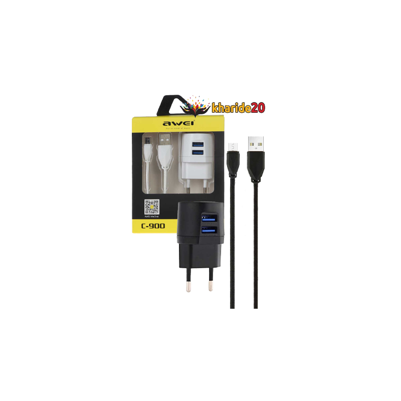 آداپتور شارژر دو پورت+کابل میکرو AWEI C-900